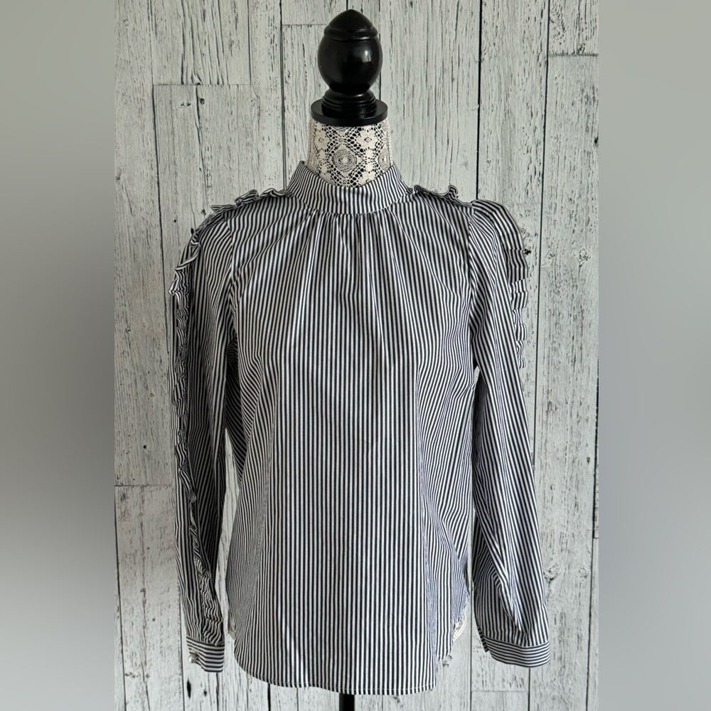 Pink Tartan Ruffle Sleeve Pin Stripe Blouse With Pearl Detail, EUC, Sz S/M